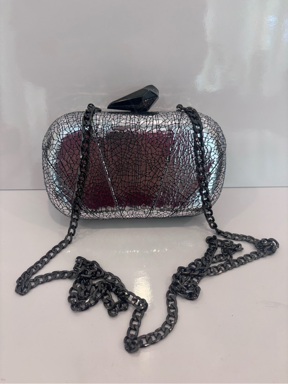 Silver Crackle Hard-Case Evening Clutch with Black Chain by limited edition